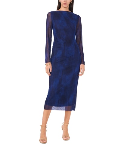 Ruched Mesh Midi Bodycon Dress