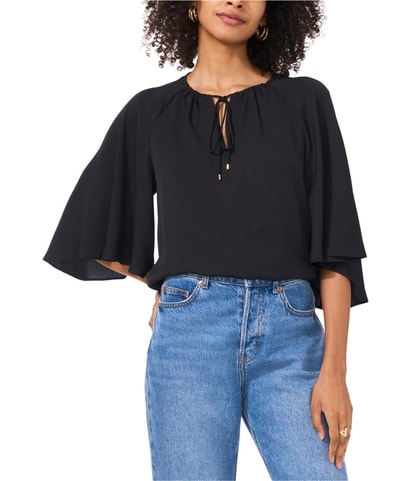 Tie-Neck Angel-Sleeve Peasant Blouse