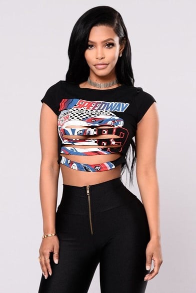 women rocking a speedway cut up shirt