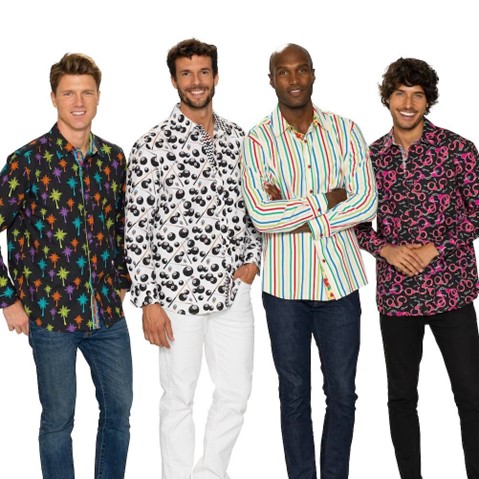 four-male-models-wearing-bold-colored-button-down-shirts