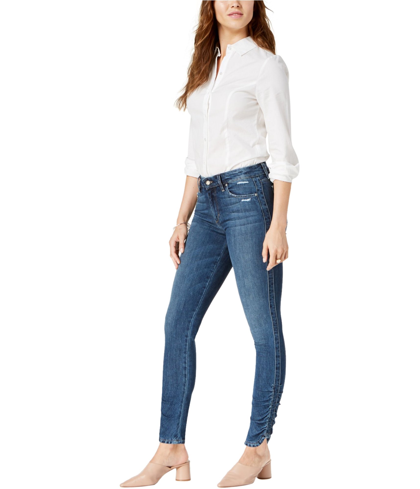 Girl-wearing-womens-gathered-hem-skinny-fit-jeans