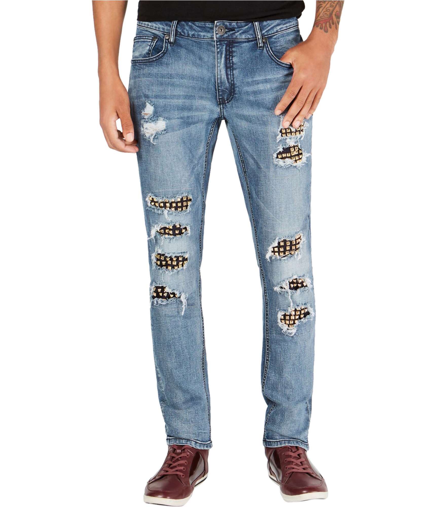 Men-wearing-men's-studded-distressed-skinny-fit-jeans