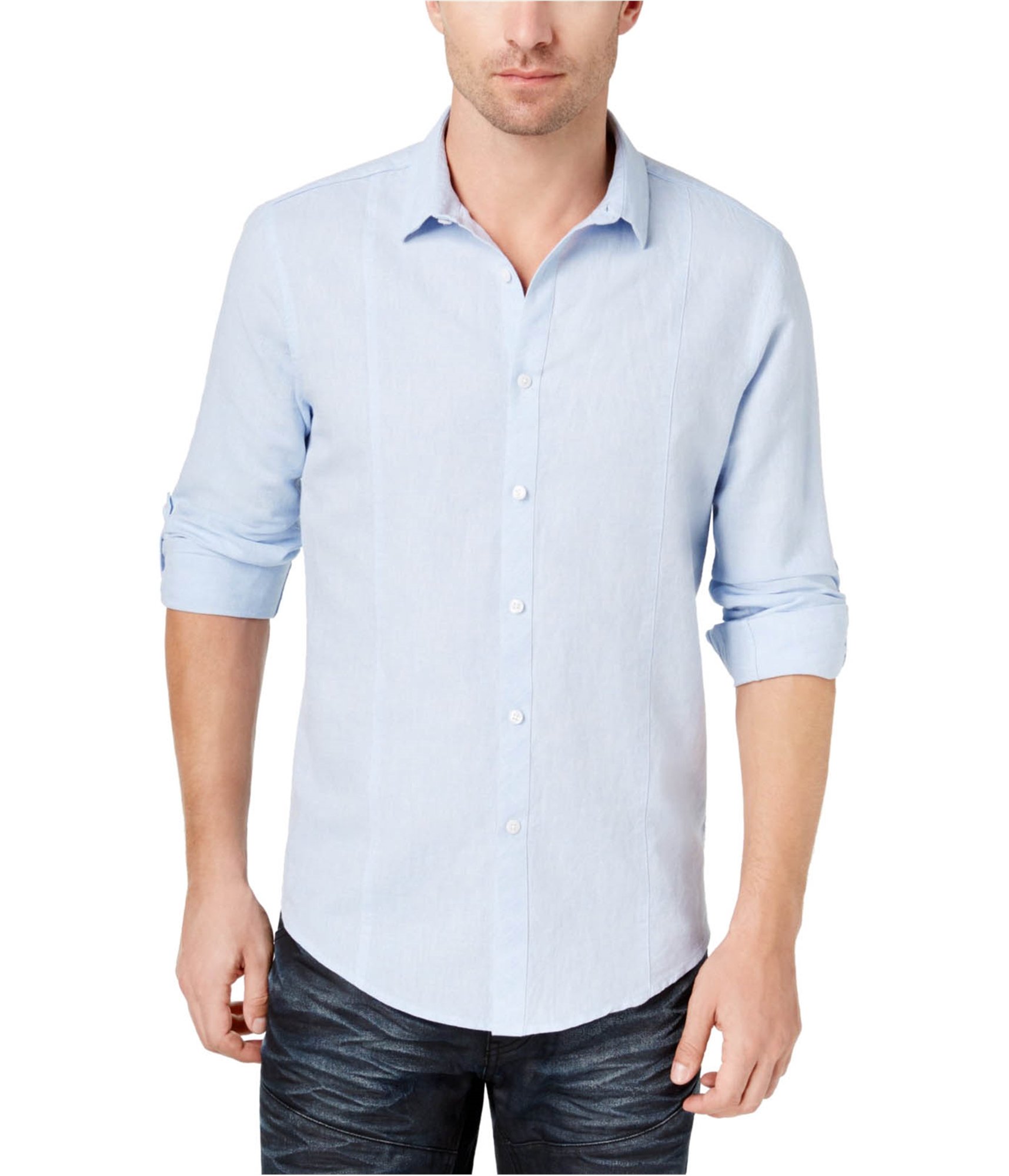 Man-wearing-i-n-c-mens-seamed-roll-button-up-shirt