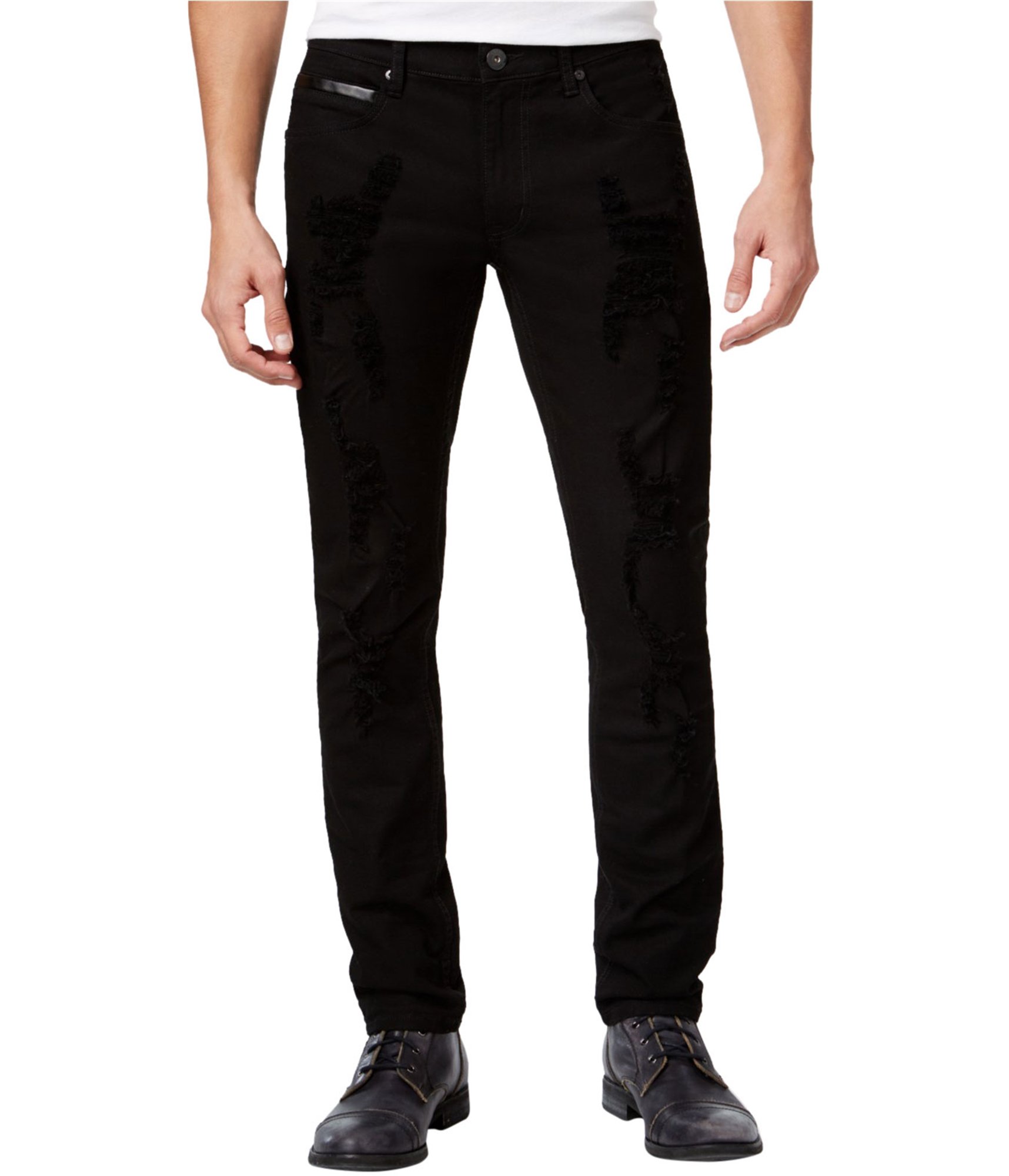 Man-wearing-men's-faux-leather-trim-skinny-fit-jeans