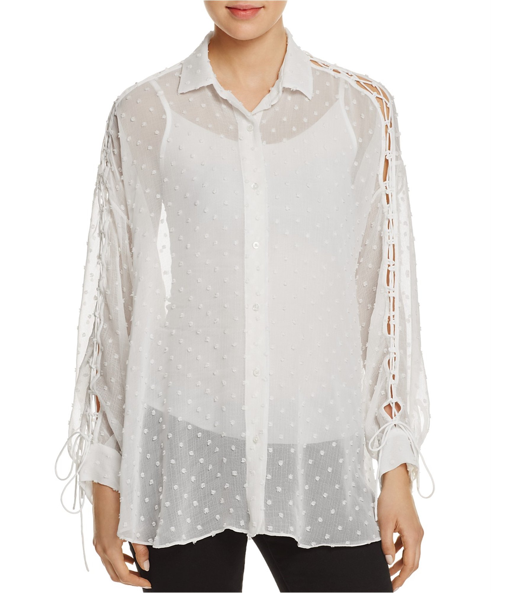 Women-wearing-silk-swiss-dot-button-down-blouse