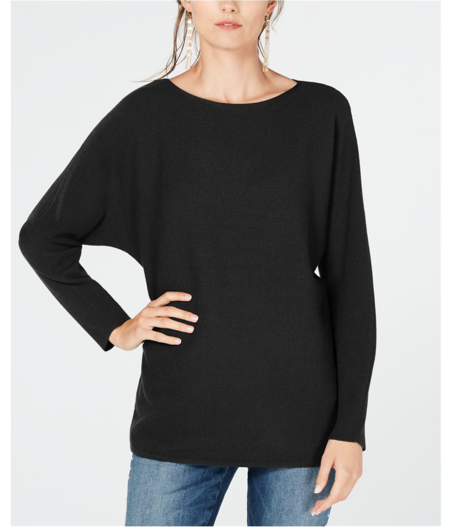 Wearing-women's-dolman-tunic-blouse-in-black