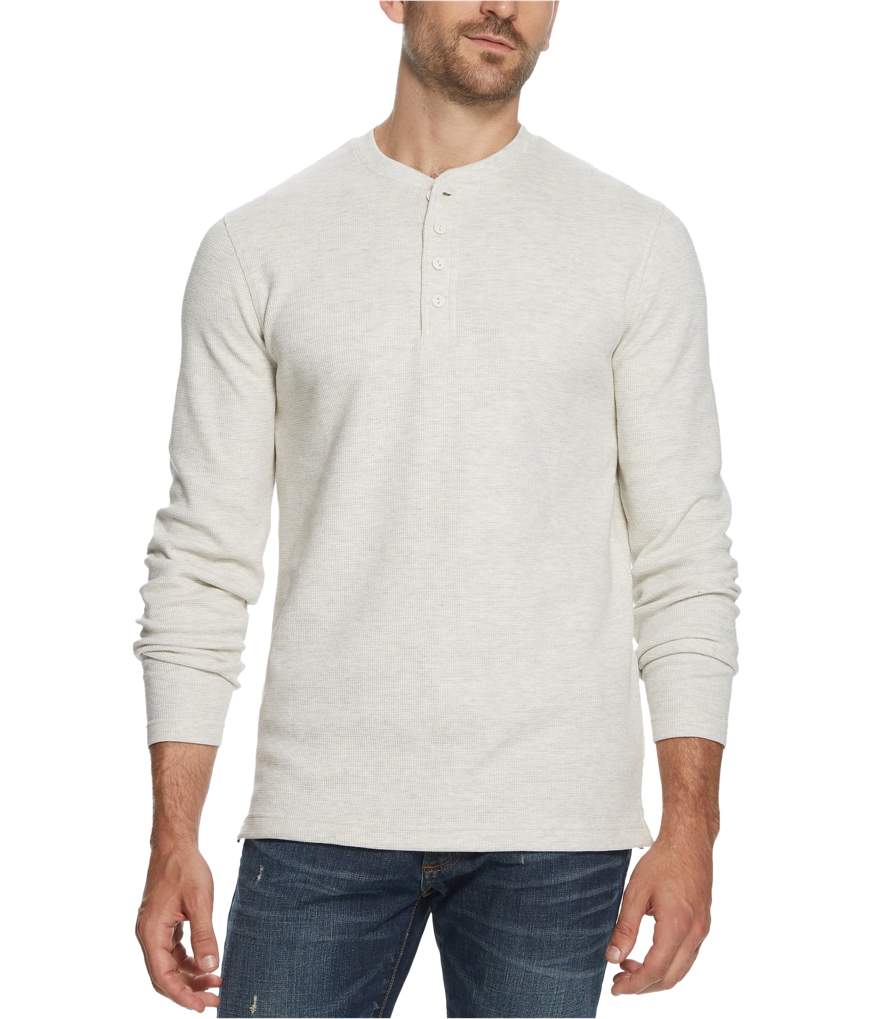 Boy-styling-in-weatherproof-men's-waffle-knit-henley-shirt