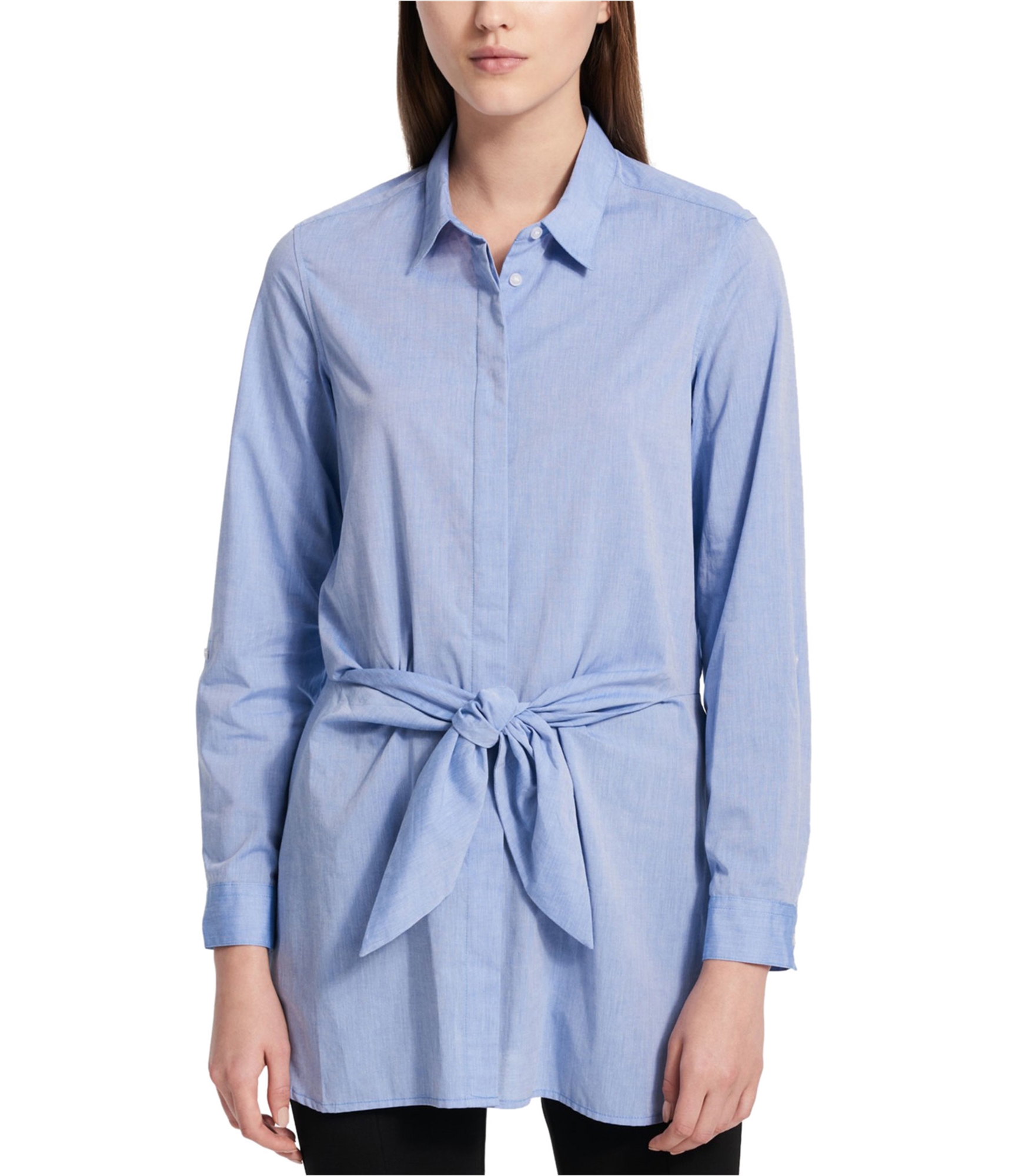 Women-wearing-women's-tie-front-button-down-blouse