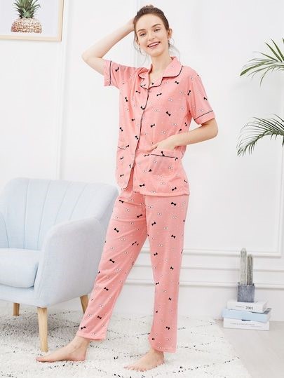 Bow Print Short Sleeved Button Up Pajama Set