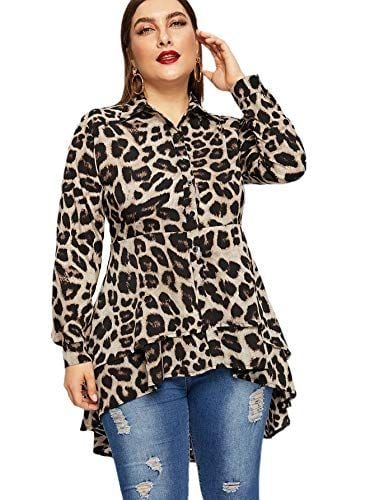 Women's Plus Size Leopard Print Long Sleeve High Low Button Down Longline Peplum Blouse