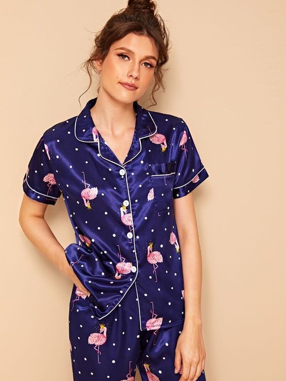 Flamingo Print Polka Dot Satin Pajama Set