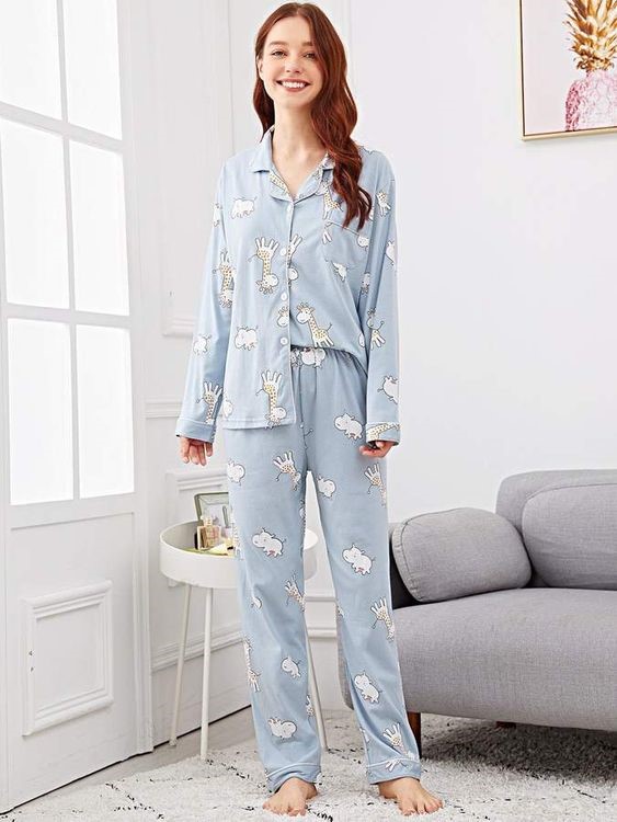 Long Sleeved Giraffe Print Button-up Pajama Set