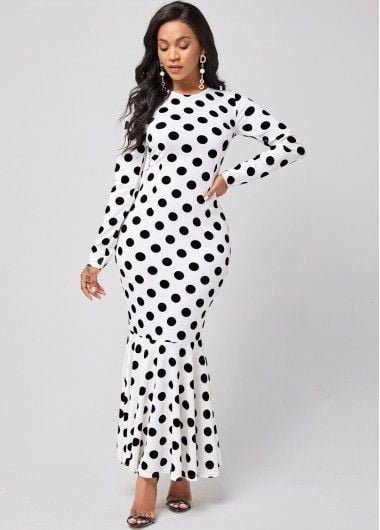 Long-sleeved and High-Necked White Polka Dress