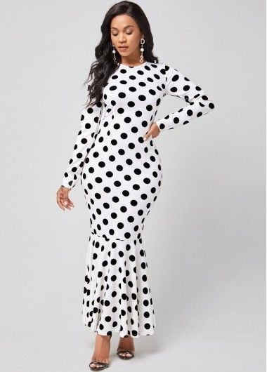 Long-sleeved and High-Necked White Polka Dress Long-sleeved and High-Necked White Polka Dress