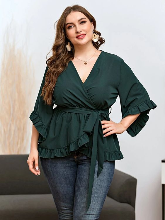 Plus Solid Self Tie Ruffle Trim Wrap Blouse