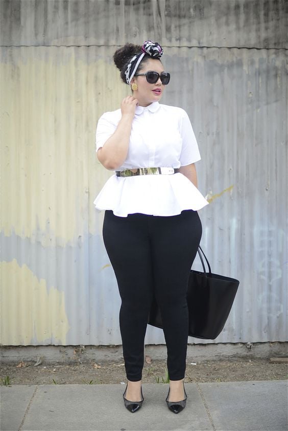 lady in white Peplum shirt and black Skinny pants
