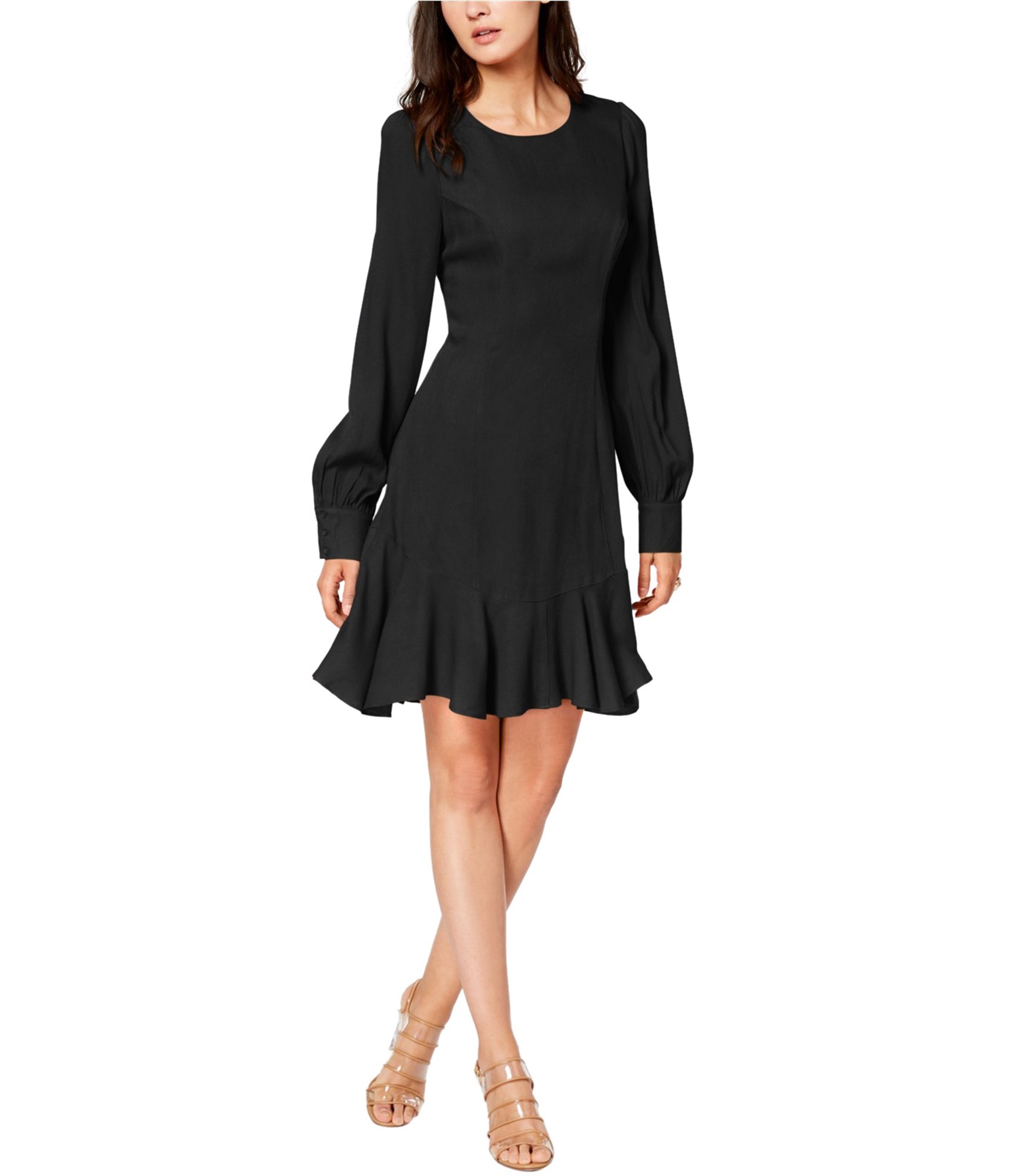 Girl-wearing-bar-iii-women's-solid-fit-and-flare-dress