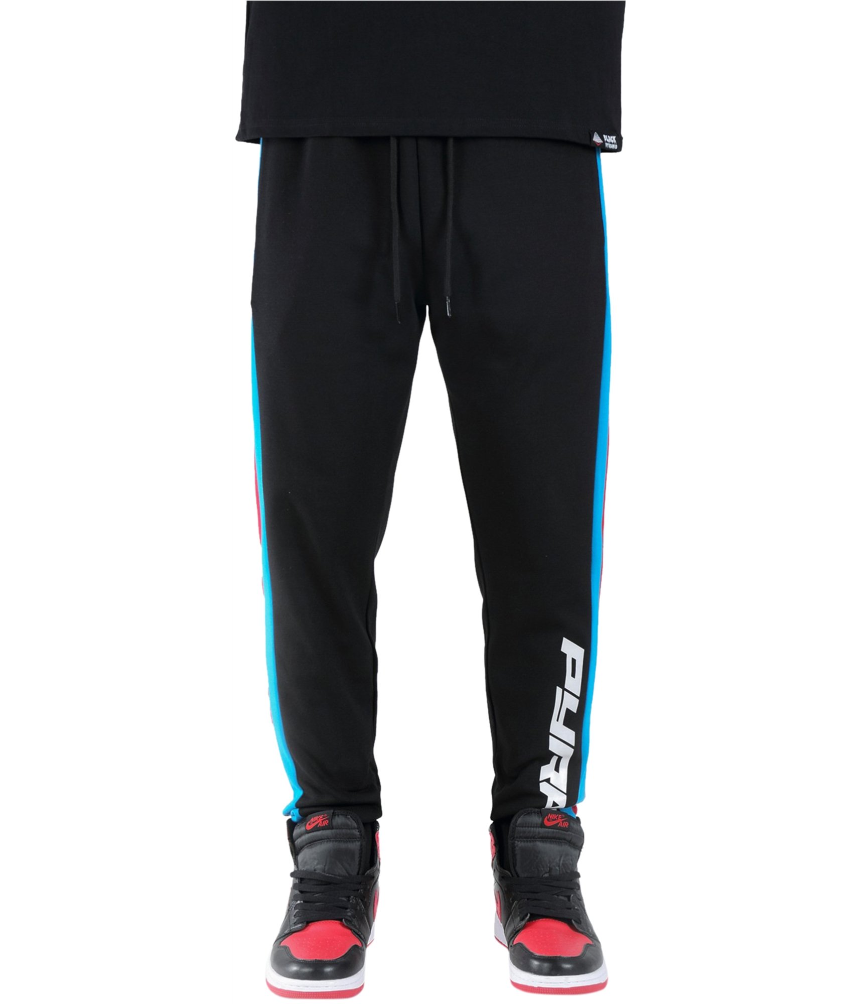 man-wearing-black-pyramid-stripe-casual-sweatpants