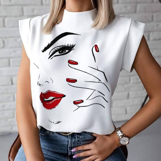 Fashion Elegant Lips Print Tops and Blouse Shirts
