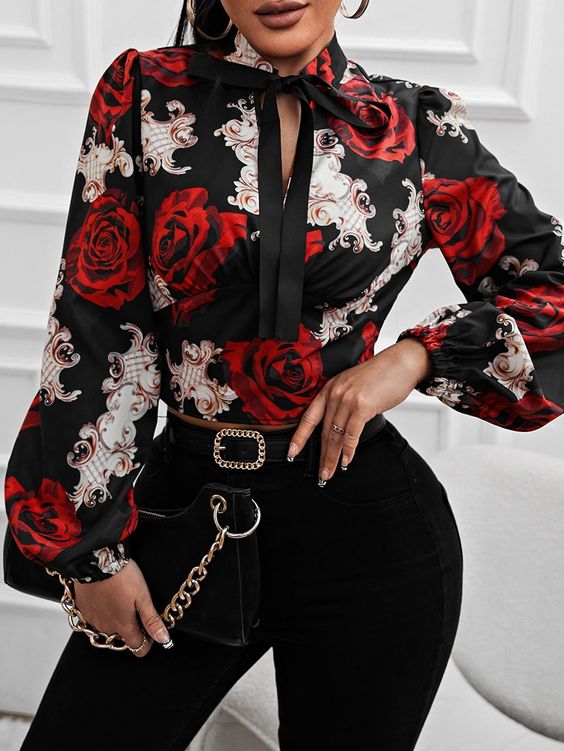 Floral Print Lantern Sleeve Tie Neck Blouse