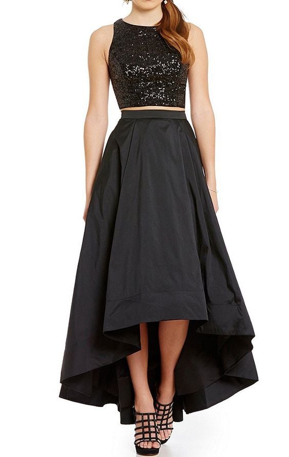 MACloth Two Piece Sequin Prom Dress High Low Cocktail Formal Gown - Custom Size / Black