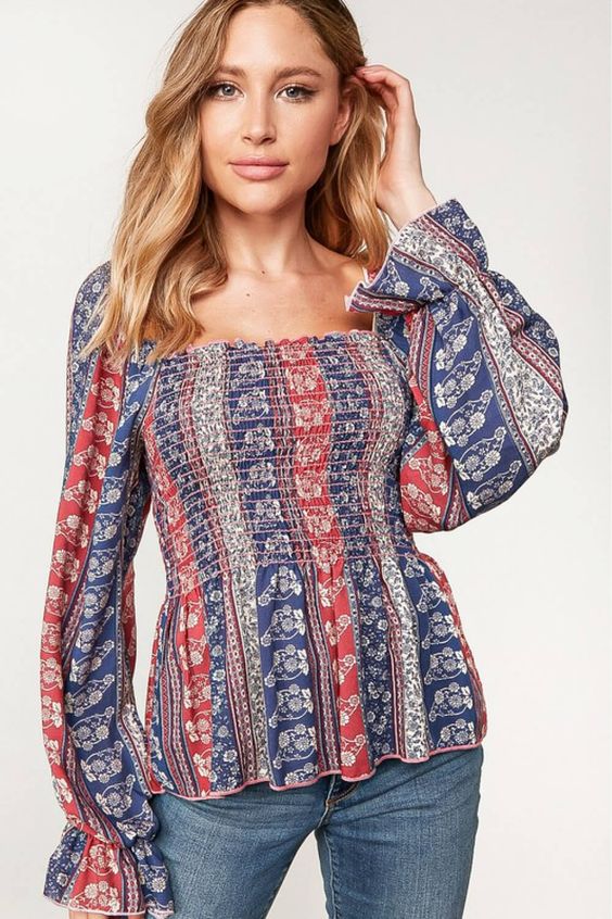 Sugarfox Printed Square Neck Peplum Top