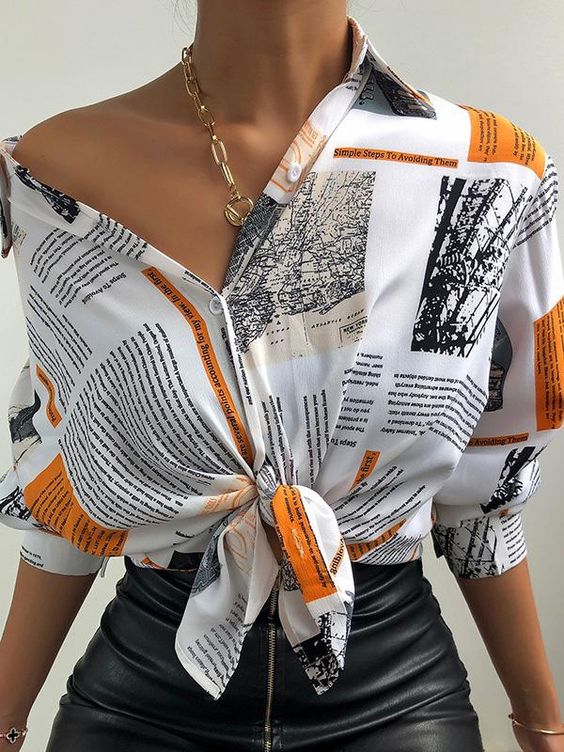 Women's Blouses Fashion Print Lapel Long Sleeve Blouse - White / S