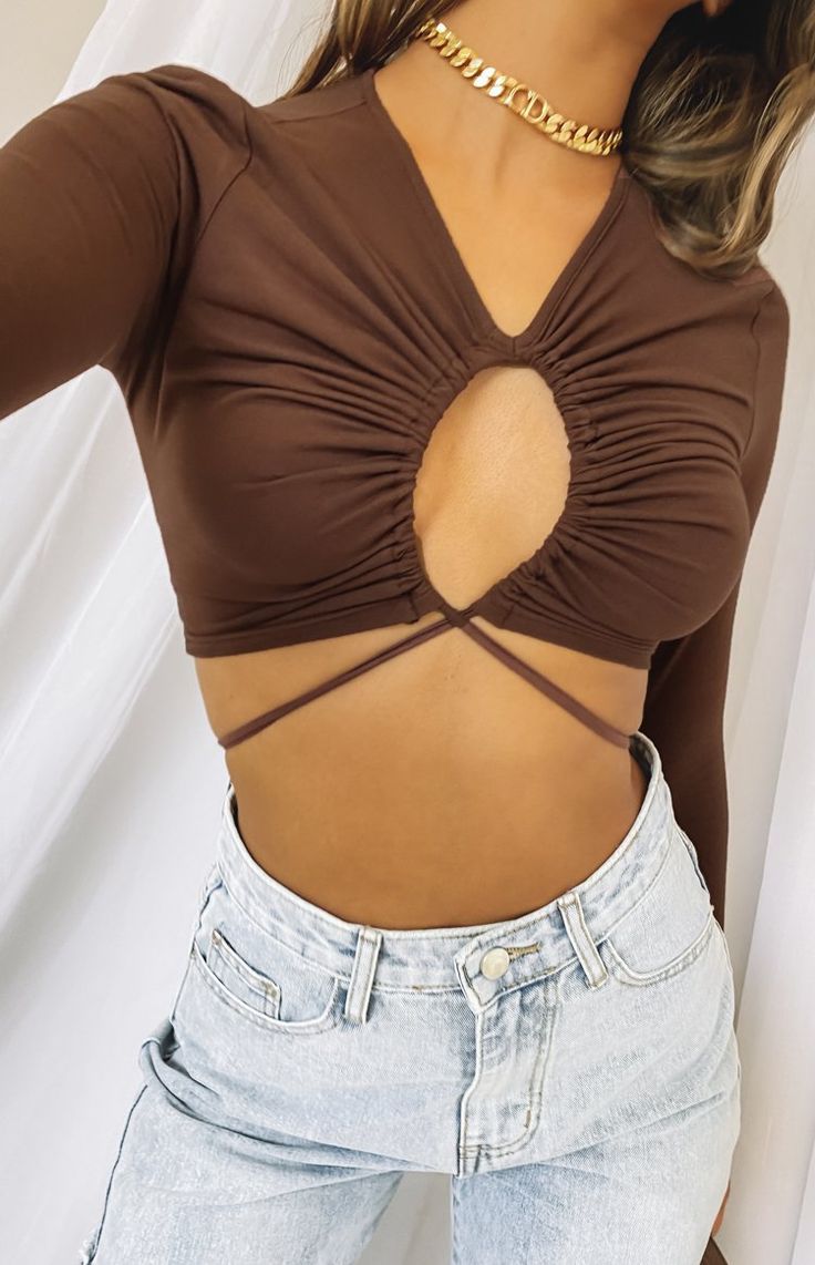 Sophia long sleeve crop top - brown Spring Outfits