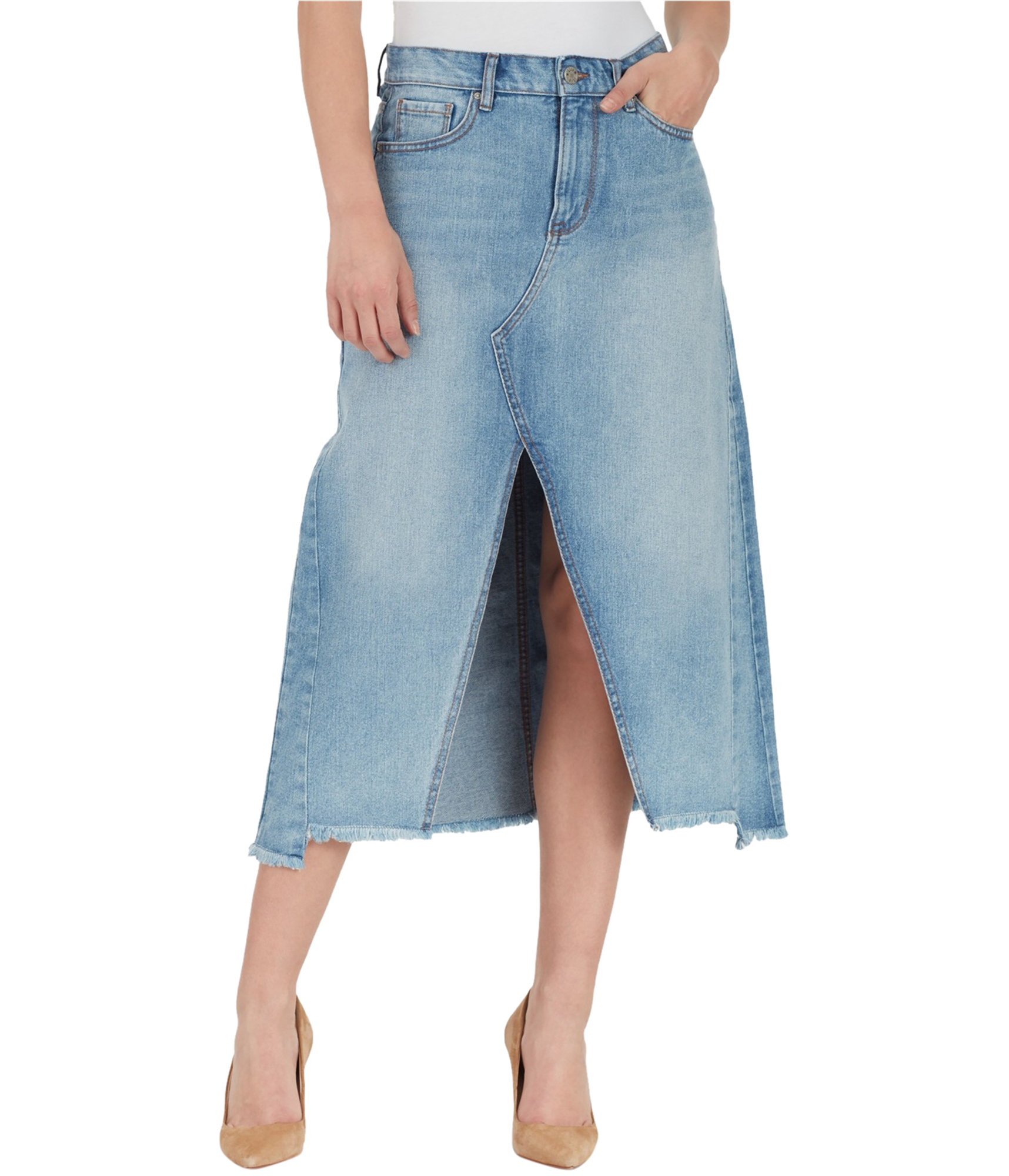 woman-wearing-slitted-denim-A-line-skirt