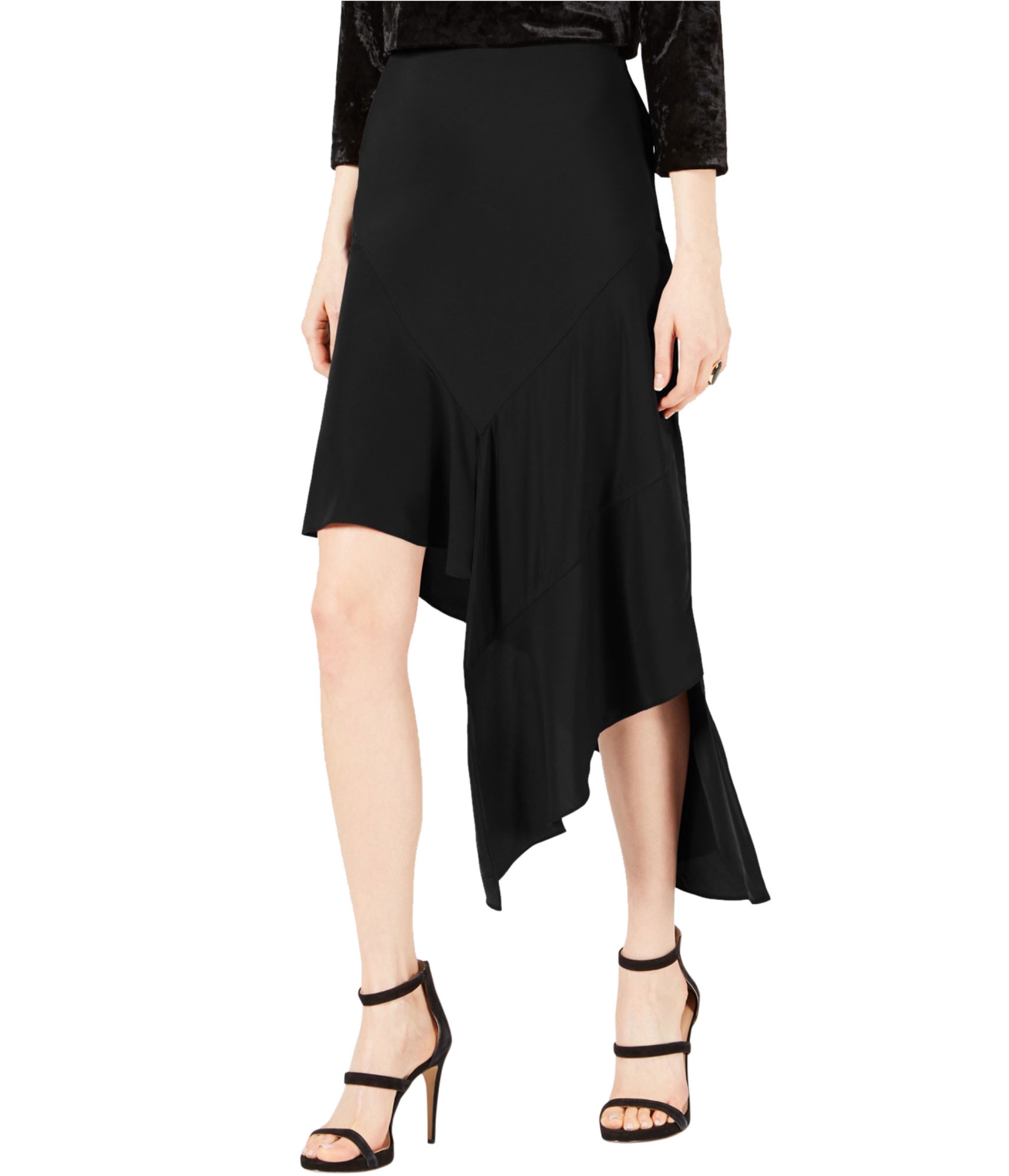 woman-wearing-black-asymmetrical-midi-skirt