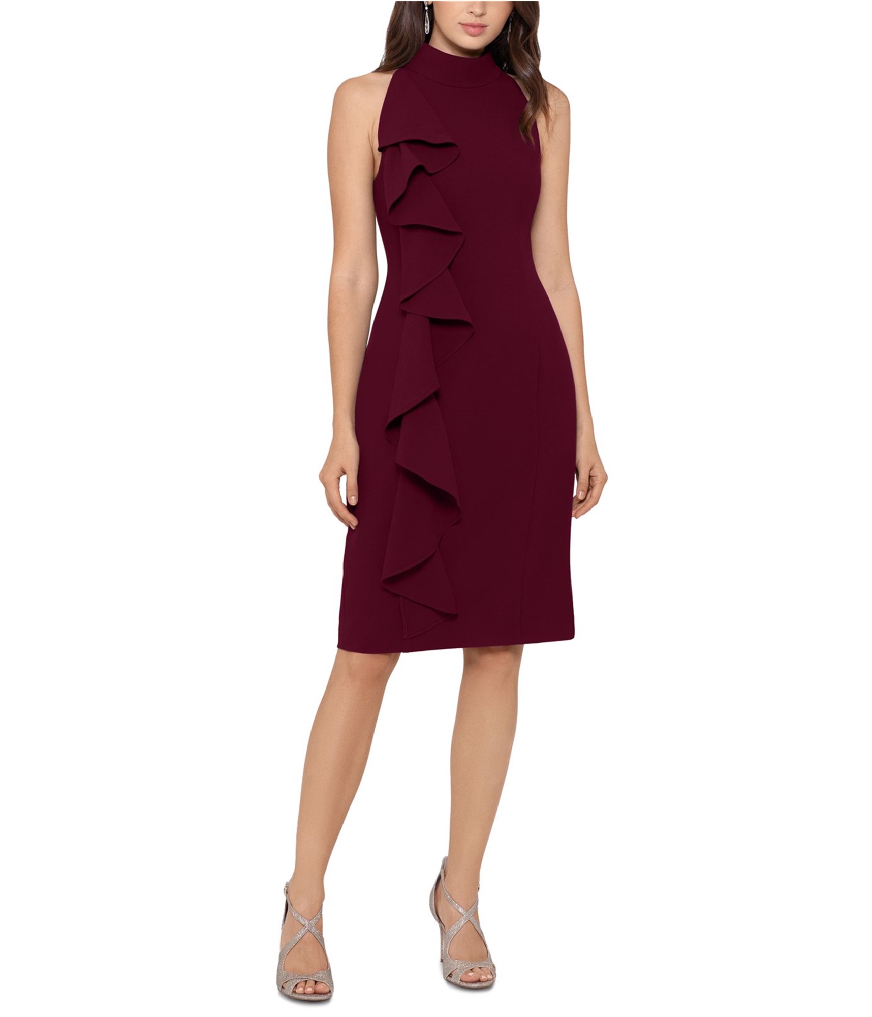 Woman-wearing-ruffled-sheath-dress