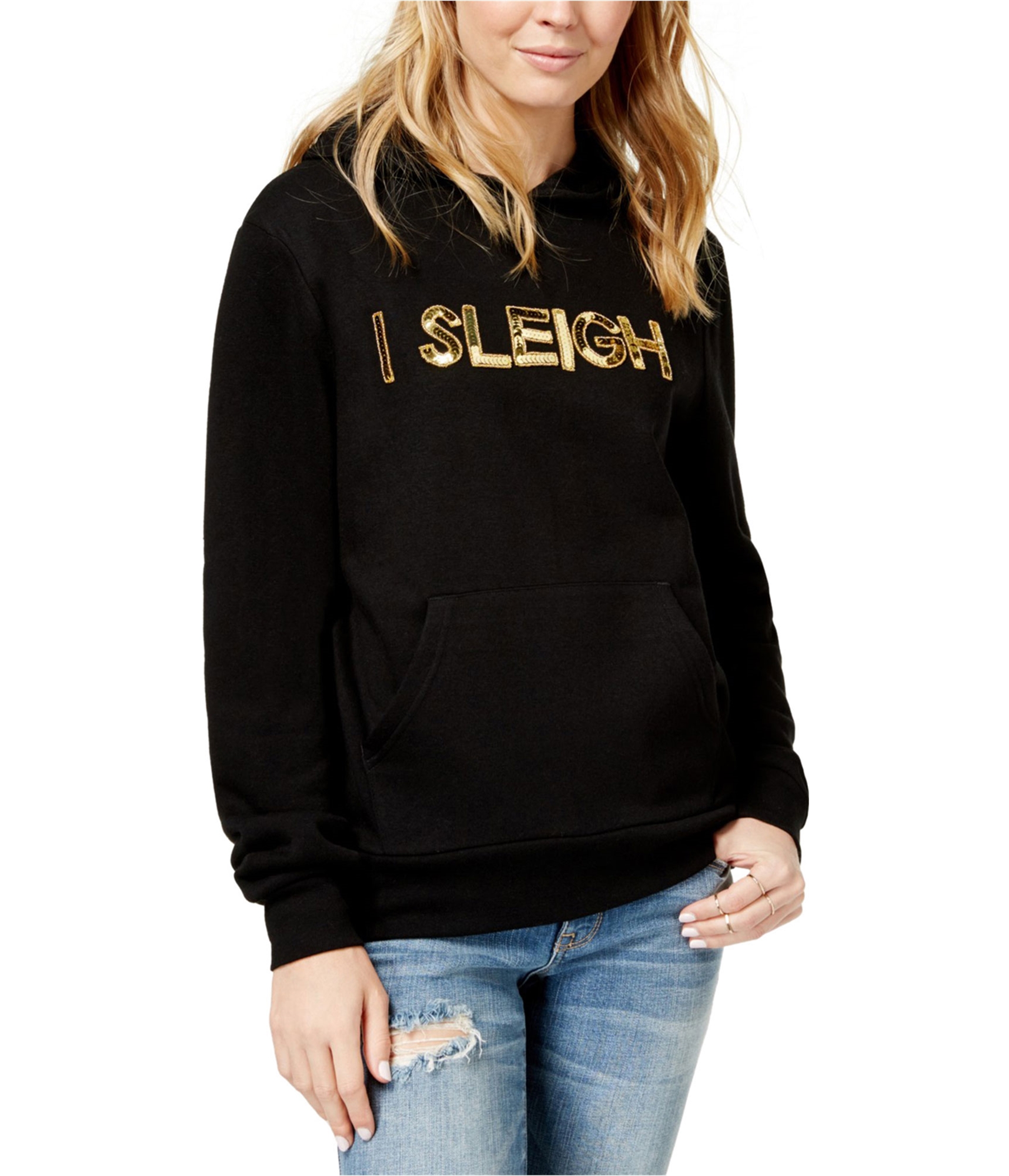 Woman-wearing-graphic-print-hoodie-sweatshirt