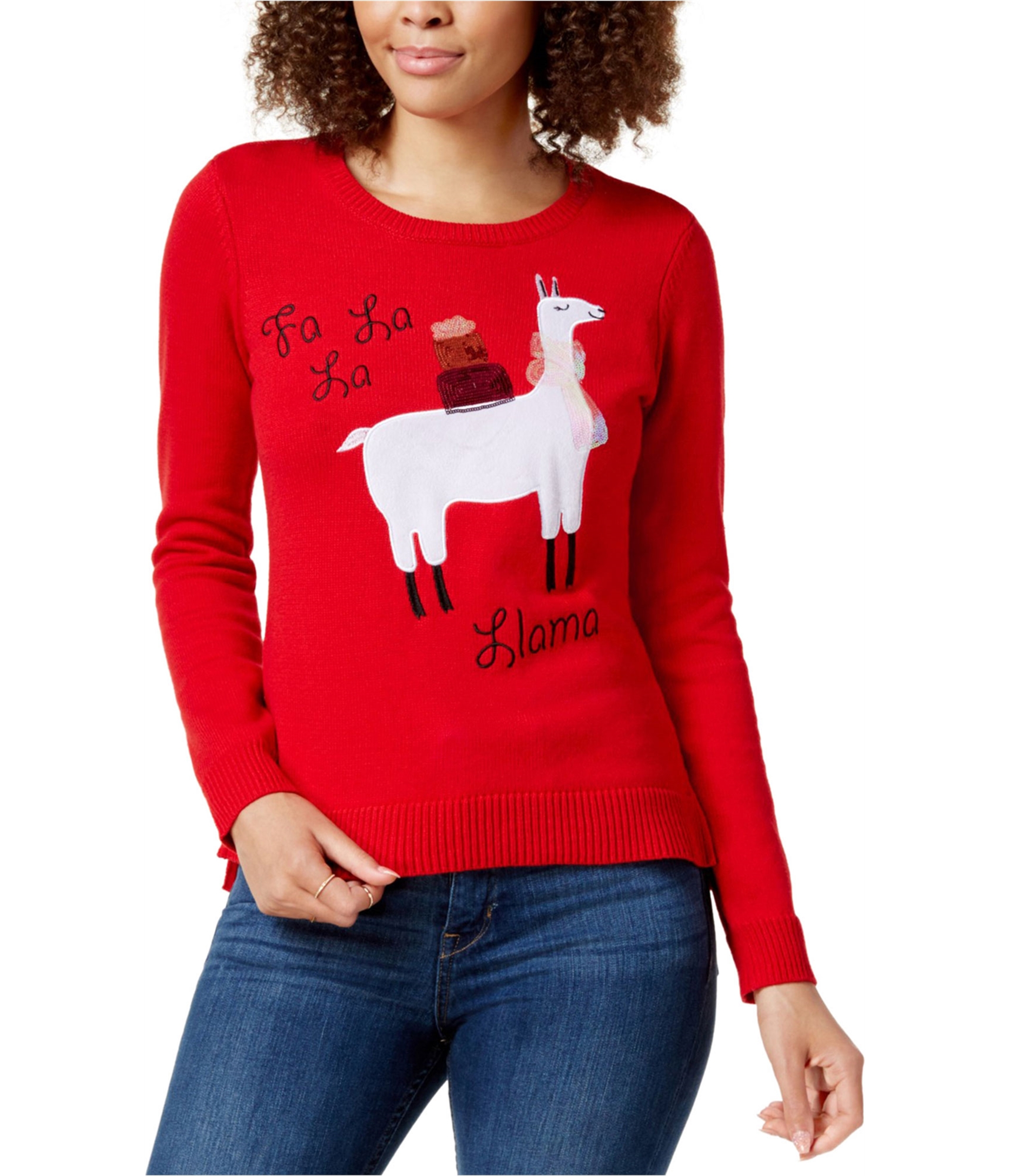 Woman-wearing-retro-llama-sweater