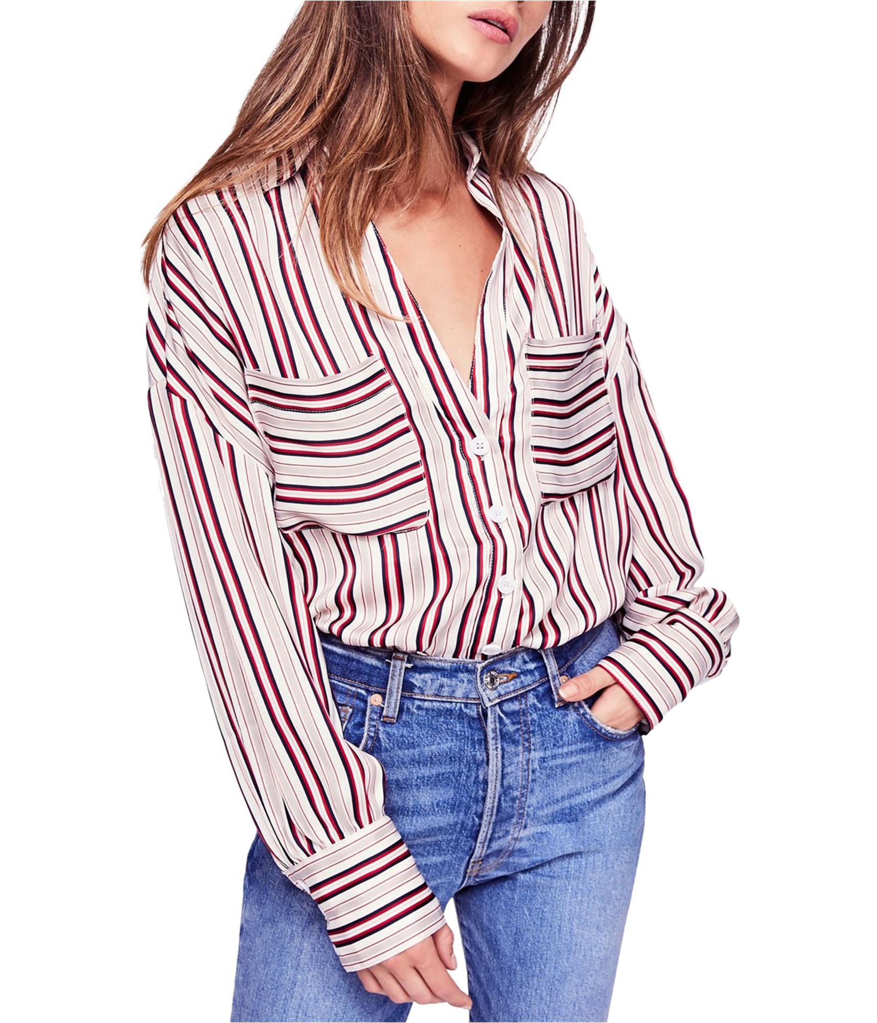 woman-wearing-striped-button-up-shirt