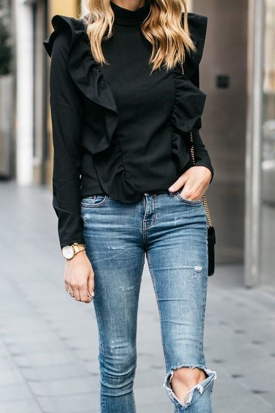 Match Skinny Jeans with a Ruffle Top and Heels
