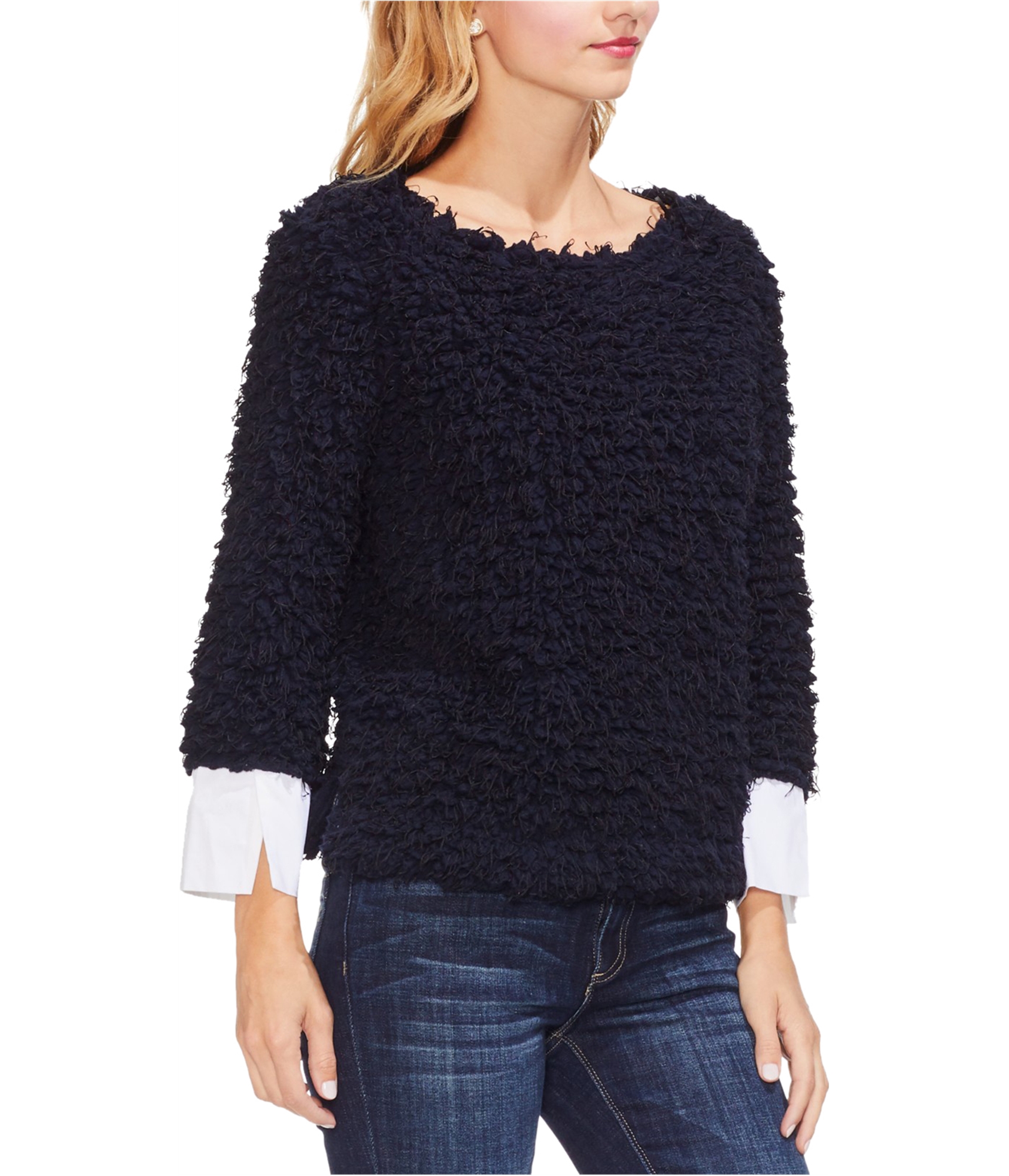 Woman-wearing-popcorn-knit-blouse