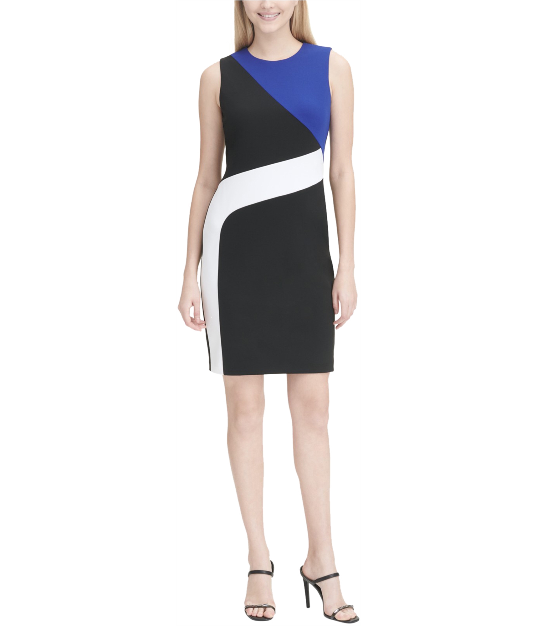 Woman-wearing-color-block-sheath-dress