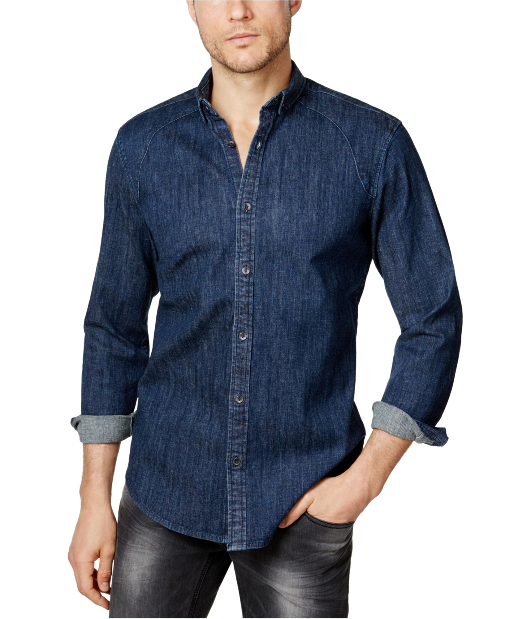 Man-wearing-denim-button-up-shirt