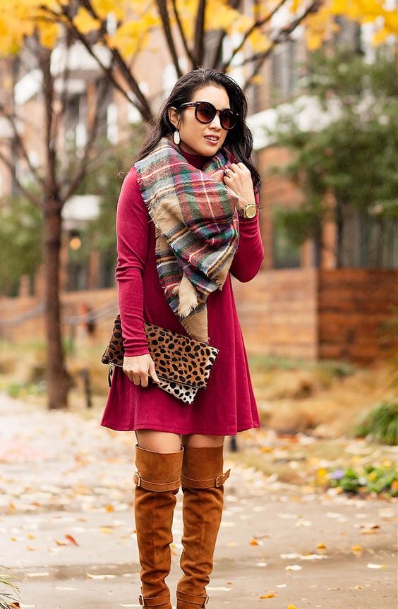 Blanket Scarf + Sweater Dress + Boots for a cozy winter dress