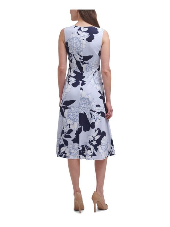 VINCE CAMUTO Womens Navy Pleated Zippered Floral Sleeveless Surplice Neckline Midi Party Fit + Flare Dress - 8 / Navy