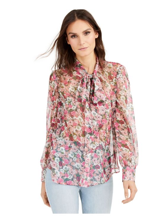 INC Womens Pink Sheer Floral Long Sleeve Blouse - L / Pink