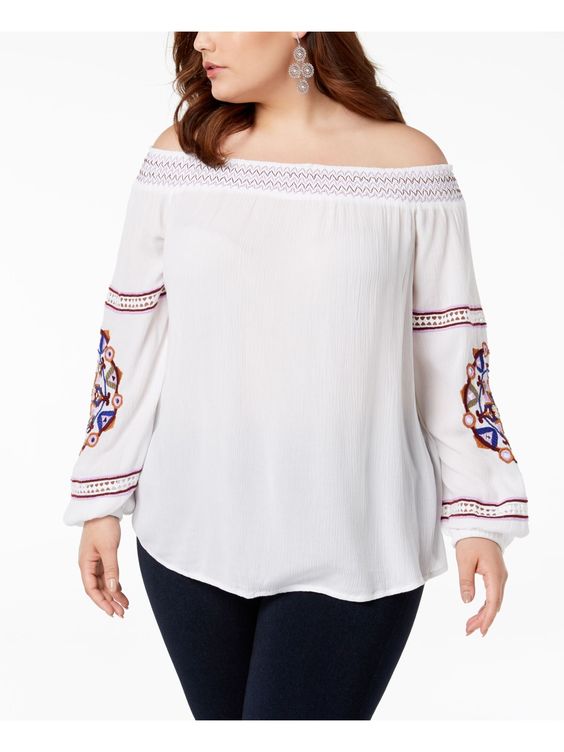 INC Womens White Embroidered Long Sleeve Off Shoulder Top - 1X / White