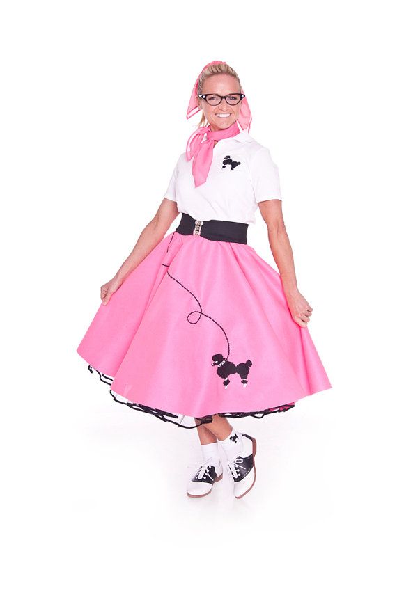lady models in pink retro poodle skirt
