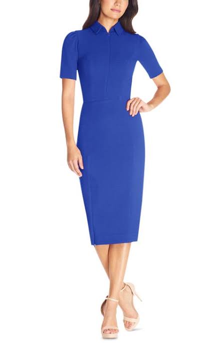 lady models in blue sheath dress