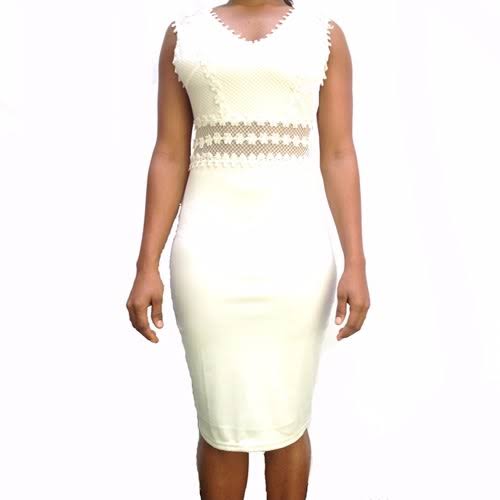 lady models in white sleeveless sheath dress