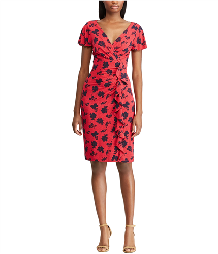 Lady models in red floral print A-line dress