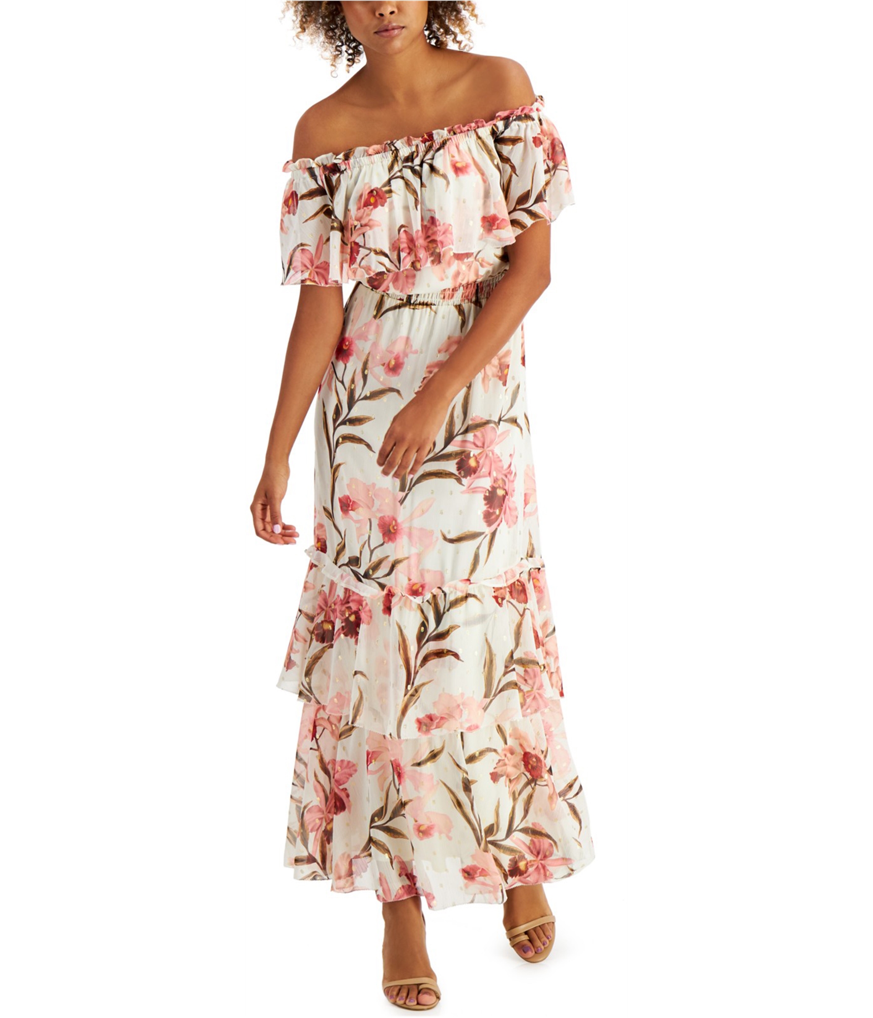 woman-wearing-off-shoulder-floral-dress