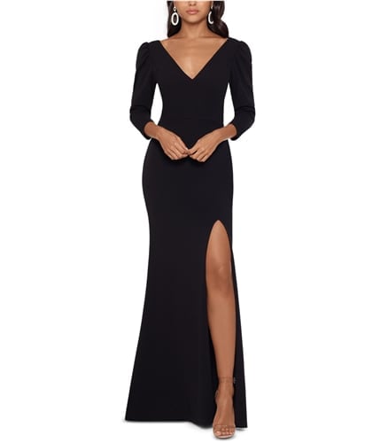Betsy & Adam Solid Puff-Sleeve V-Neck Gown Dress