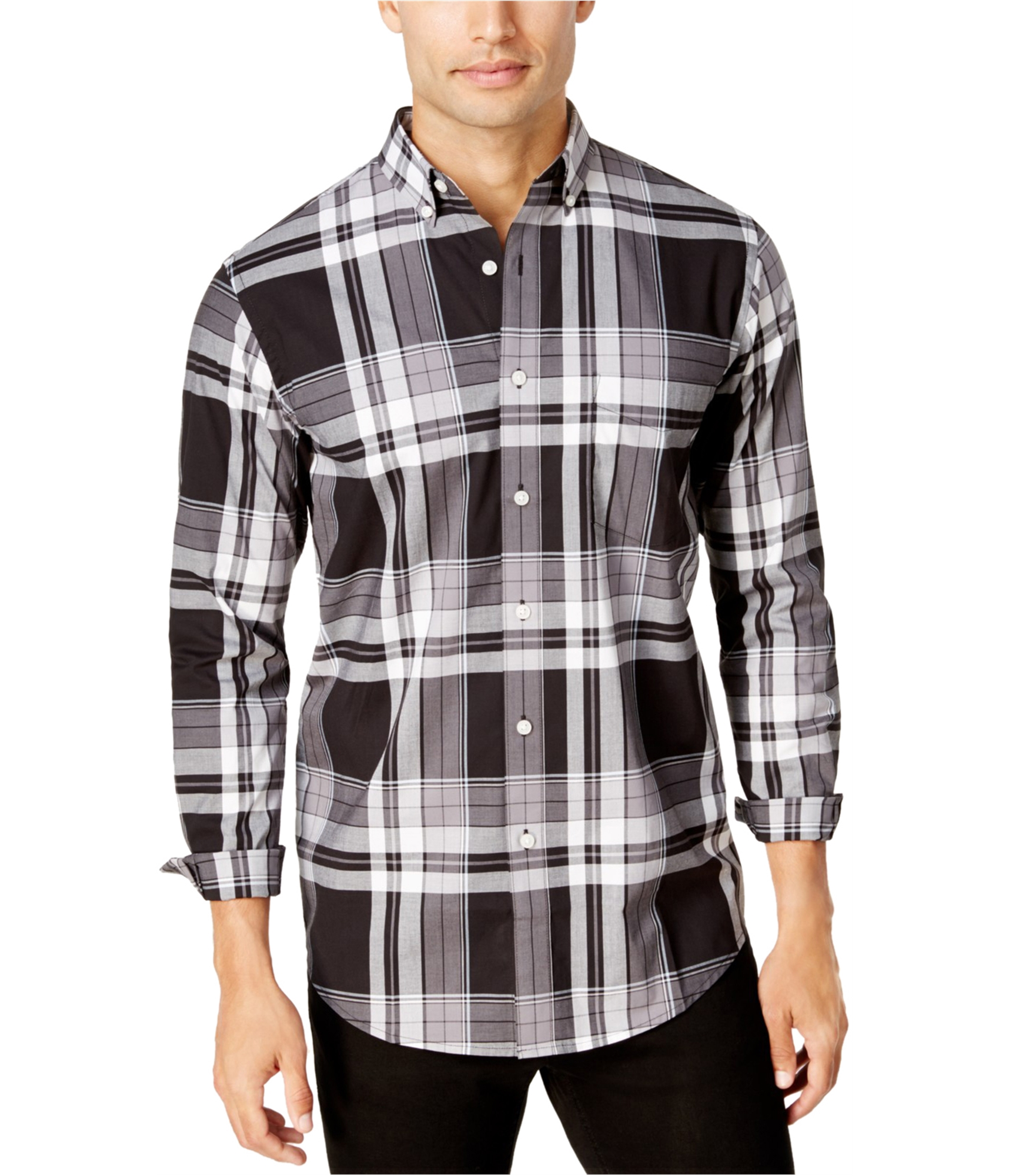 Club Room Mens Stretch Plaid Button Up Shirt