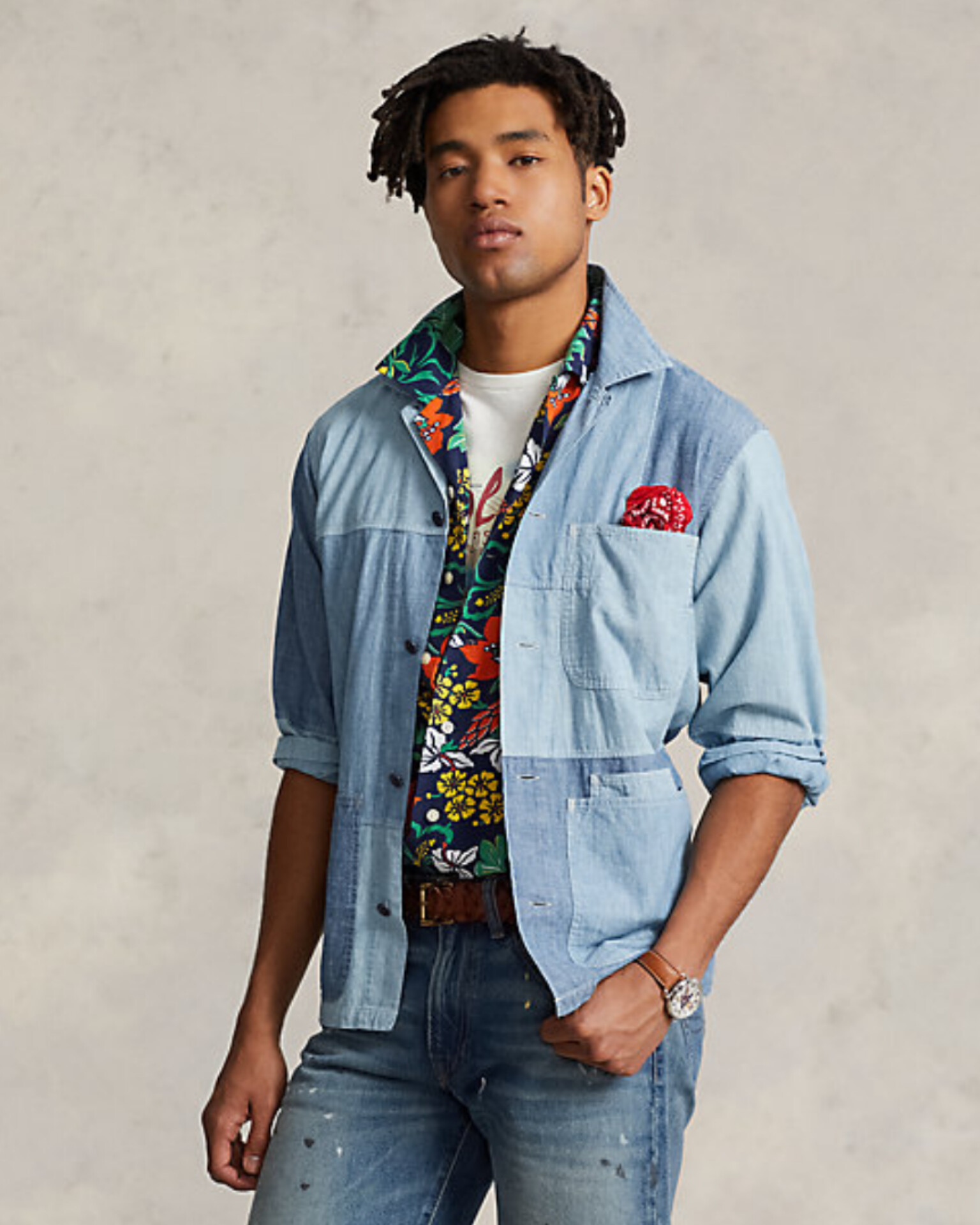 Guy models in Ralph Lauren patchwork chambray shirt